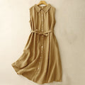Buddha Stones Summer Plain Lace-up Button Front Design Lapel Sleeveless Cotton Midi Dress Cardigan