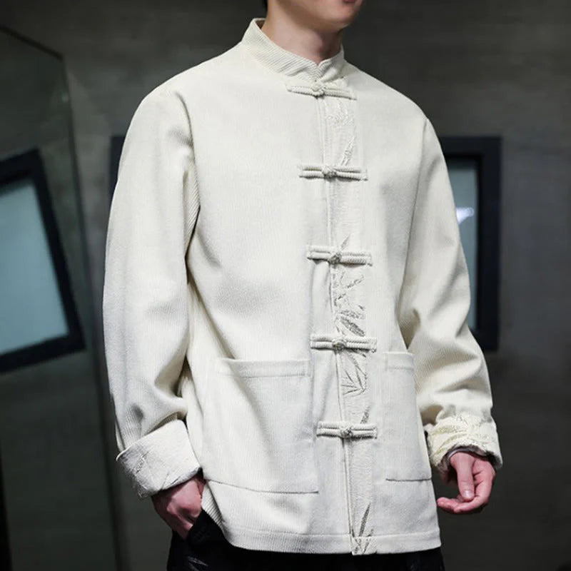 Buddha Stones Fall Bamboo Frog-Button Long Sleeve Men's Corduroy Cotton Jacket With Pockets