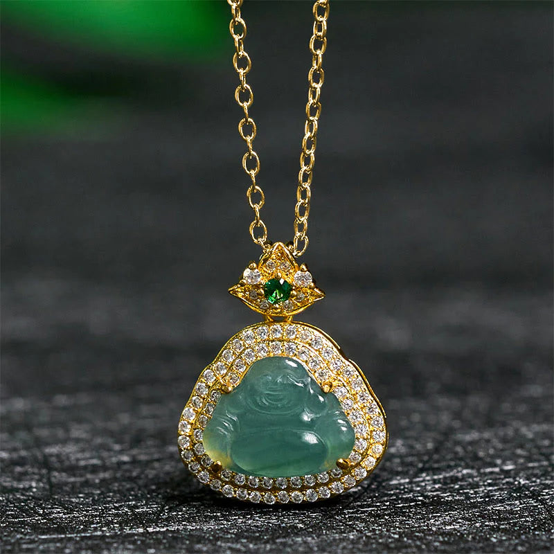Buddha Stones Jade Laughing Buddha Prosperity Luck Necklace Pendant