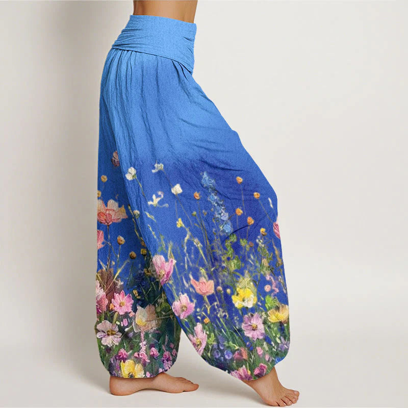 Buddha Stones Cotton Casual Watercolor Style Floral Pattern Women's Elastic Waist Harem Pants