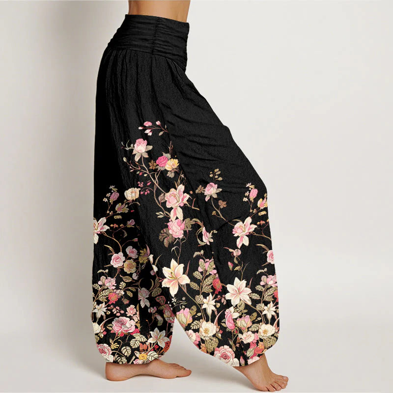 Buddha Stones Pure Cotton Exquisite Colorful Flower Pattern Women's Elastic Waist Harem Pants