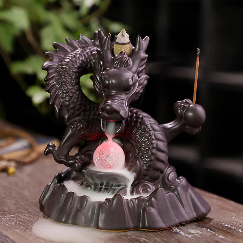 Buddha Stones Auspicious Dragon Ceramic Backflow Smoke Fountain Meditation Healing Incense Burner Led Ball Decoration
