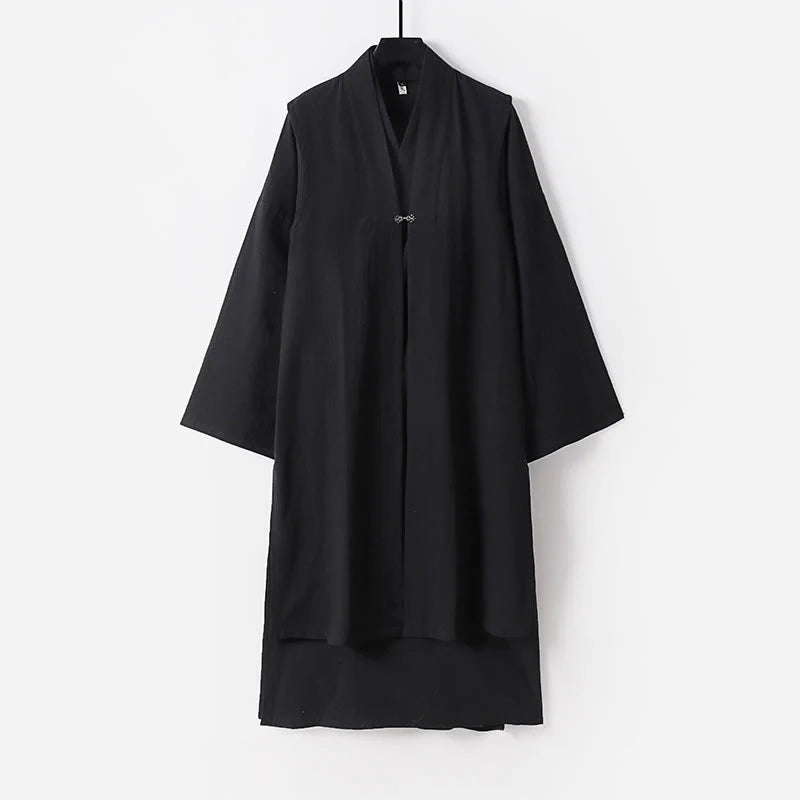 Buddha Stones 2Pcs Wudang Fall Solid Long Sleeve Men's Taoist Long Robe Sleeveless Vest Lace-up Kimono Ceremony Suit