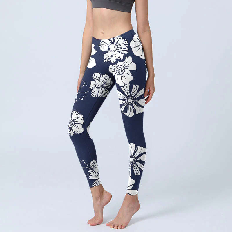 Buddha Stones Large White Petals Plants Pattern Print Gym Leggings Women's Yoga Pants