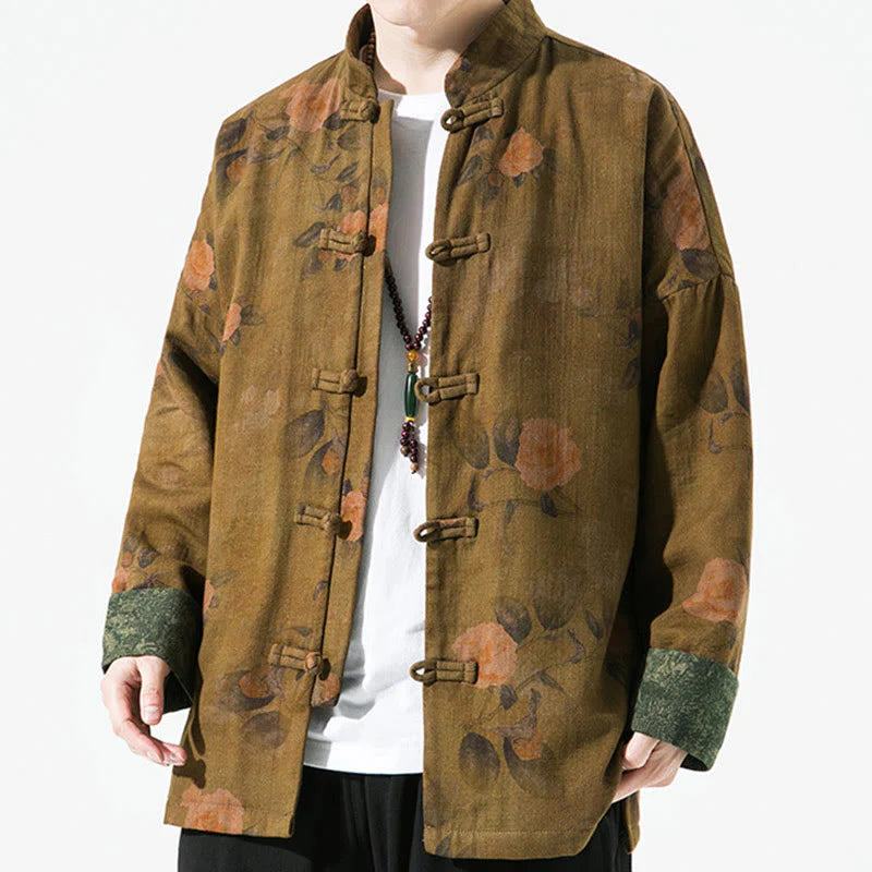 Buddha Stones Spring Printed Floral Pattern Men's Chinese Frog-button Long Sleeve Cotton Jacket