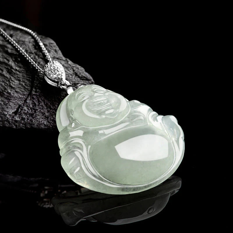 Buddha Stones Natural Jade Laughing Buddha Prosperity Abundance Titanium Steel Chain Necklace Pendant