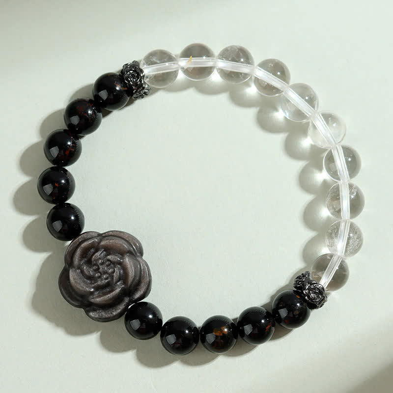 Buddha Stones Black Tourmaline Clear Quartz Carved Rose Flower Design Focus Bracelet