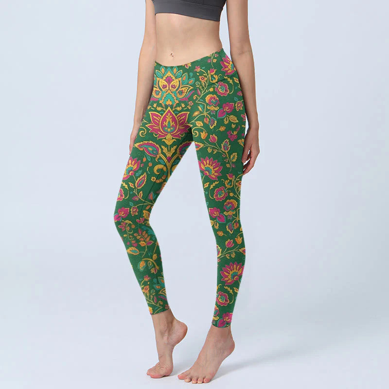 Buddha Stones Brightly Colored Flower Leaf Pattern Gym Leggings Women's Yoga Pants