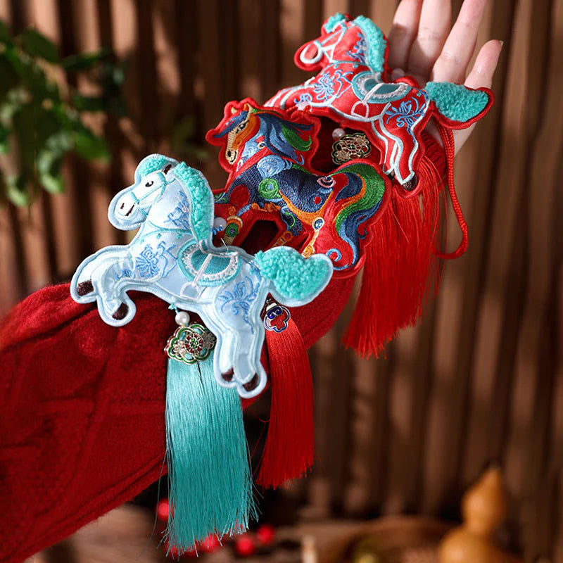 Buddha Stones Year Of The Horse Embroidery Bell Tassel Hanging Decoration