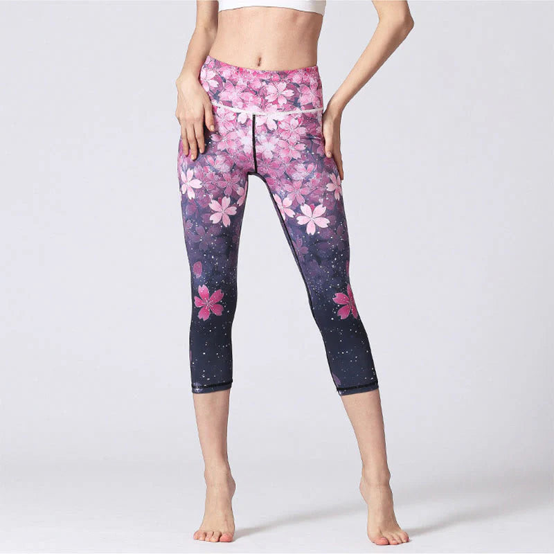 Buddha Stones Cherry Blossoms Sakura Lines Print Sports Yoga Cropped Leggings Women's Yoga Capri Pants