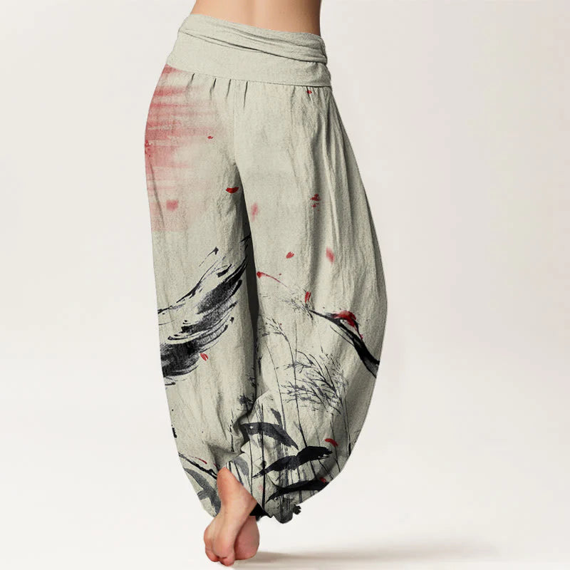 Buddha Stones Cotton Casual Red-crowned Reed Sun Crane Pattern Women's Elastic Waist Harem Pants