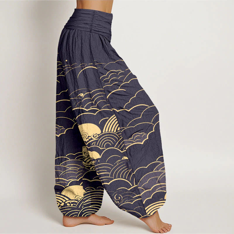 Buddha Stones Cotton Classical Clouds Spiral Pattern Women's Elastic Waist Harem Pants