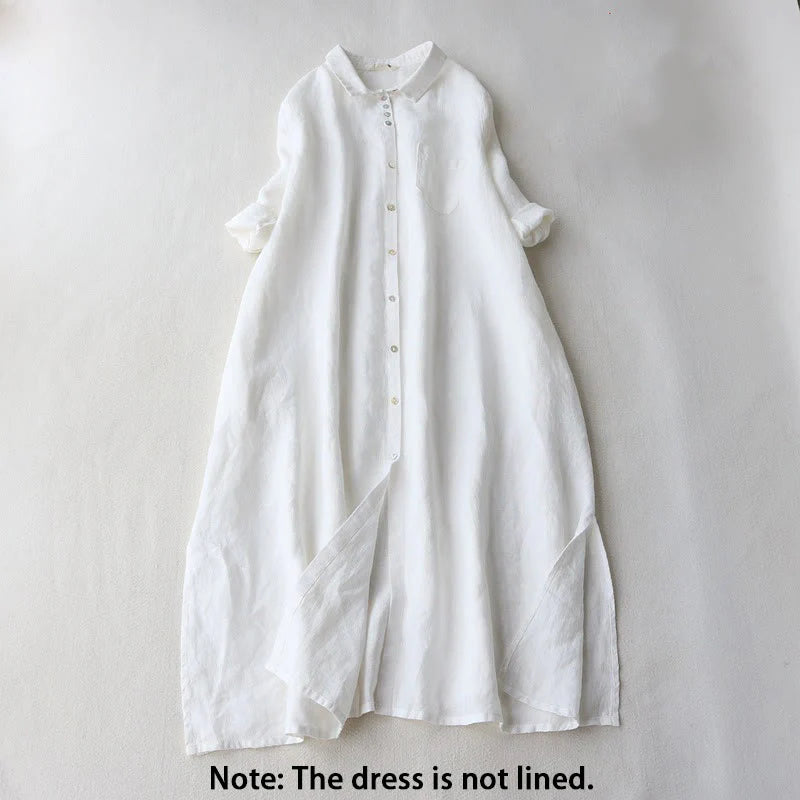 Buddha Stones Buttons Design Lapel Three Quarter Sleeve Midi Dress With Pockets