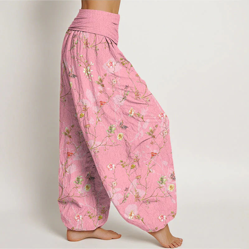 Buddha Stones Pure Cotton Retro Flowers Leaves Branches Pattern Women's Elastic Waist Harem Pants