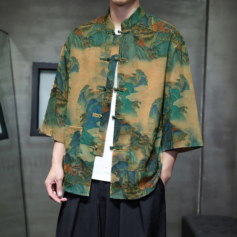 Buddha Stones Spring Frog-Button Dragon Mountain Flower Three Quarter Sleeve Tang Suit Men's Shirt With Pockets
