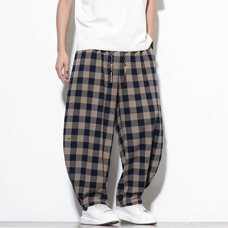 Buddha Stones Summer Plaid Pattern High Waist Drawstring Men's Harem Pants With Pockets