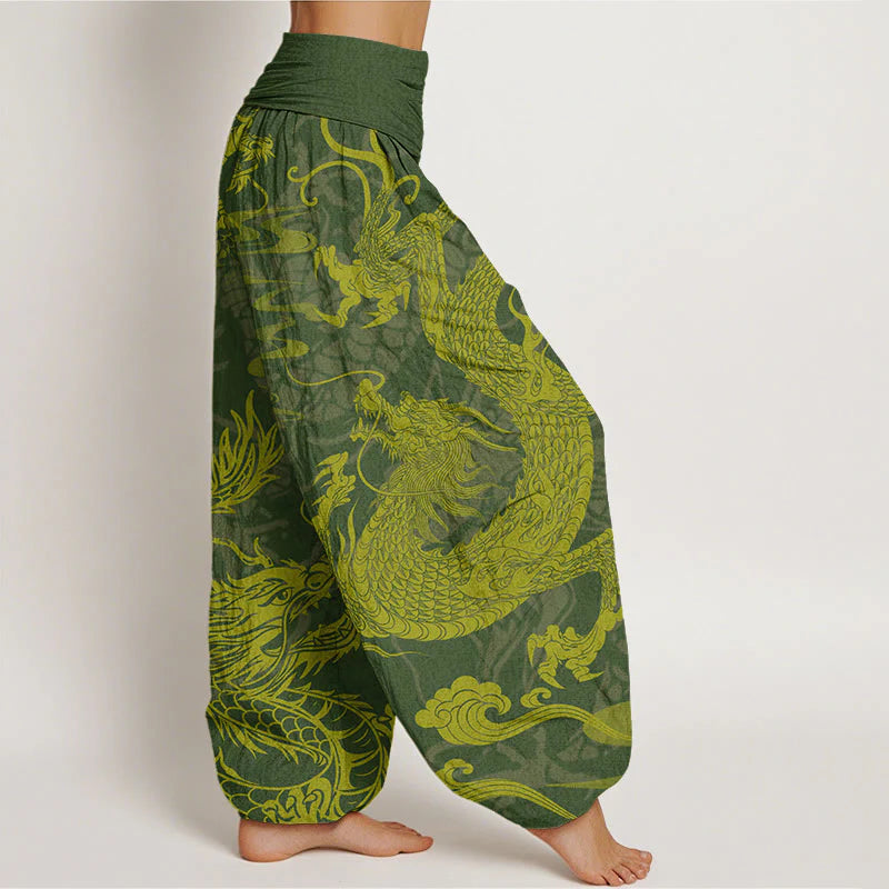 Buddha Stones Cotton Dragon Auspicious Clouds Women's Elastic Waist Harem Pants
