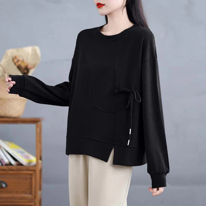 Buddha Stones Plain Frog-button Design Crew Neck Cotton Women's Long Sleeve Sweatshirt