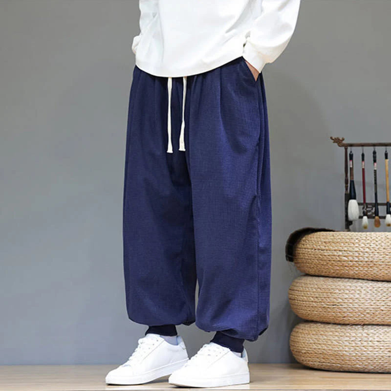 Buddha Stones Fall Plain Drawstring Simple Design Men's Harem Cotton Corduroy Pants With Pockets