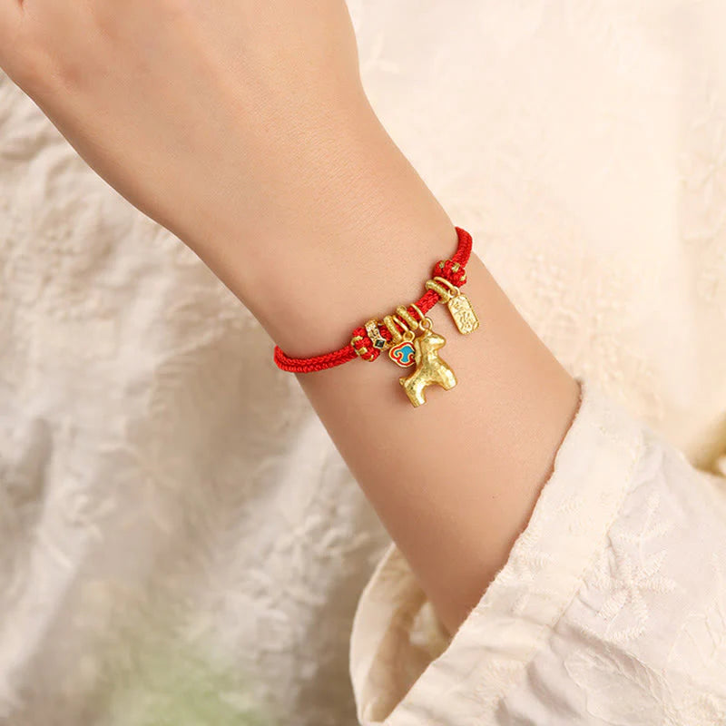 Buddha Stones Year Of The Horse Copper Red String Fu Character Lotus Luck Bracelet