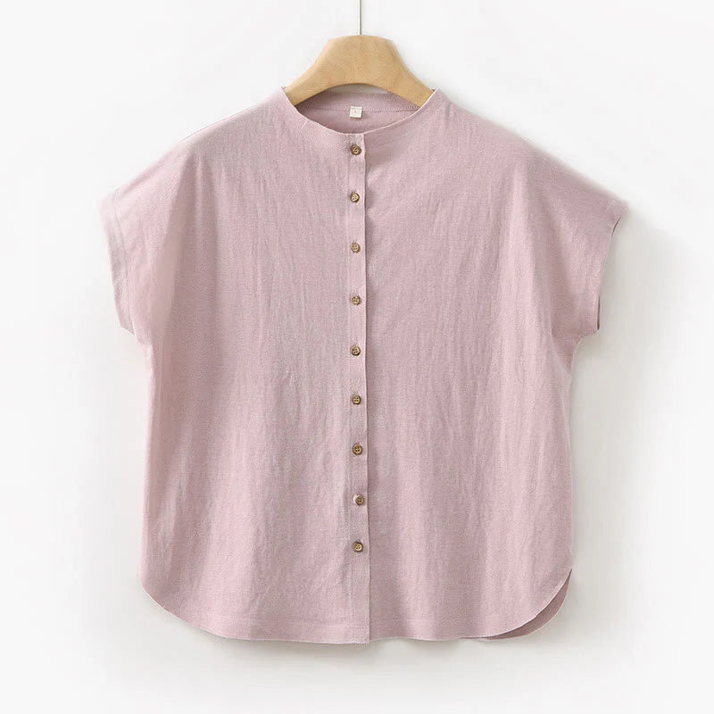 Buddha Stones Vintage Buttons Design Stand Collar Cotton Short Sleeve Women's Shirt
