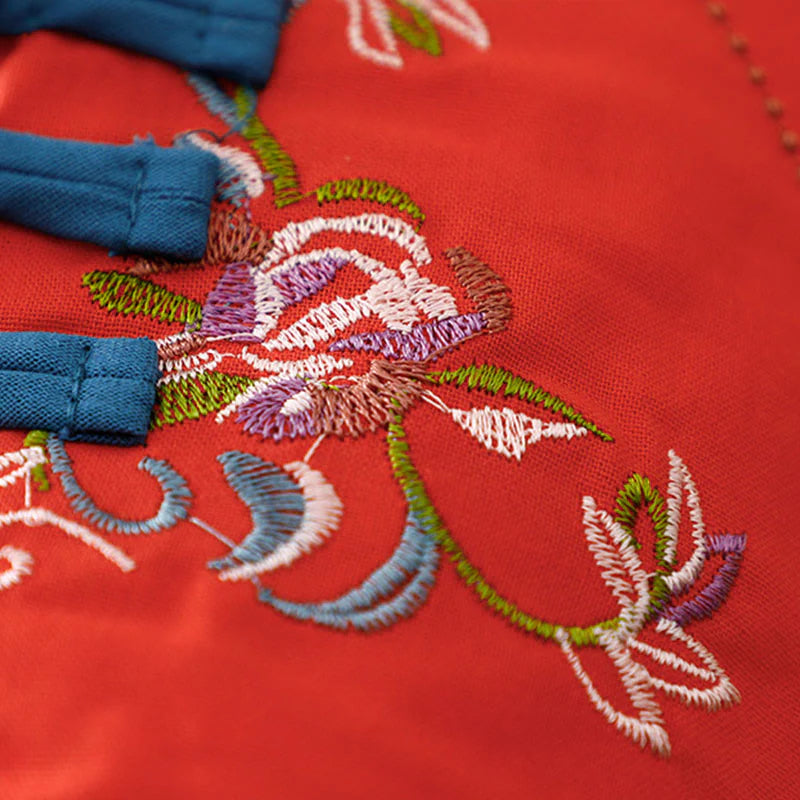 Buddha Stones Winter Flower Embroidery Frog-Button Long Sleeve Women's Thermal Jacket