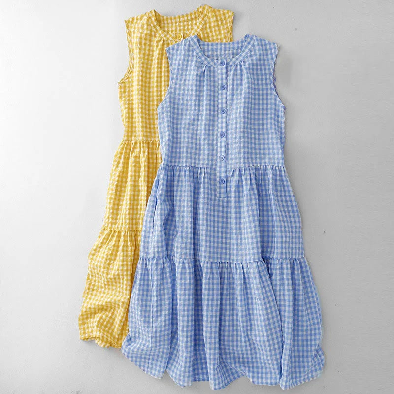 Buddha Stones Crew Neck Sleeveless Plaid Summer Cotton Knee Length Dress