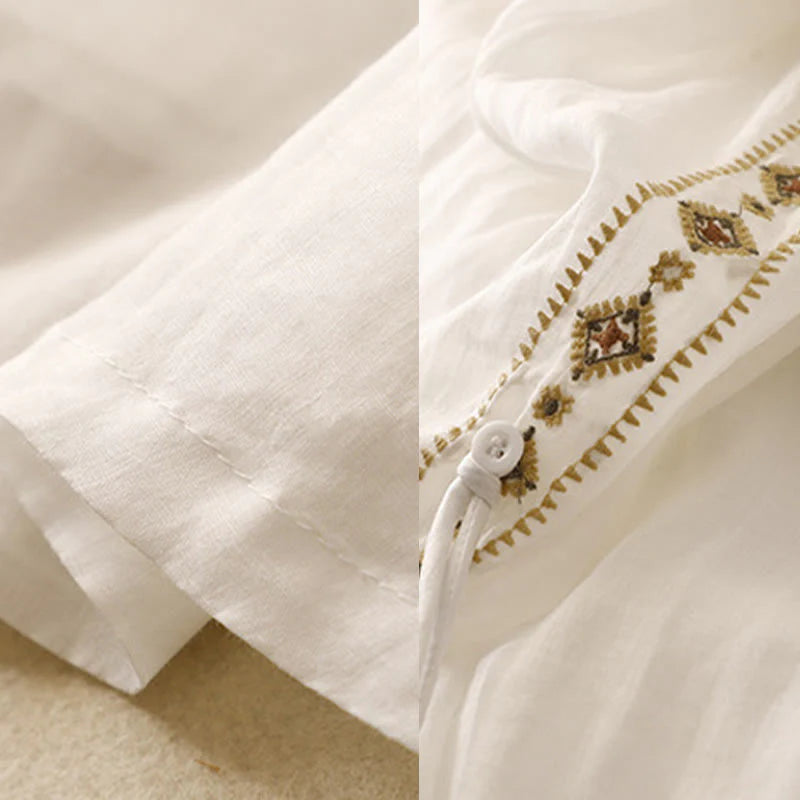 Buddha Stones Ethnic Vintage Embroidery Button Design Women's Cotton Linen 7-8 Length Skirt