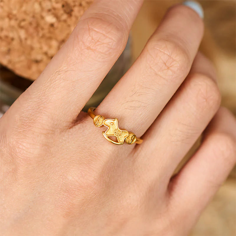 Buddha Stones Year Of The Horse 24k Gold Plated Brass Copper Coin Adjustable Ring