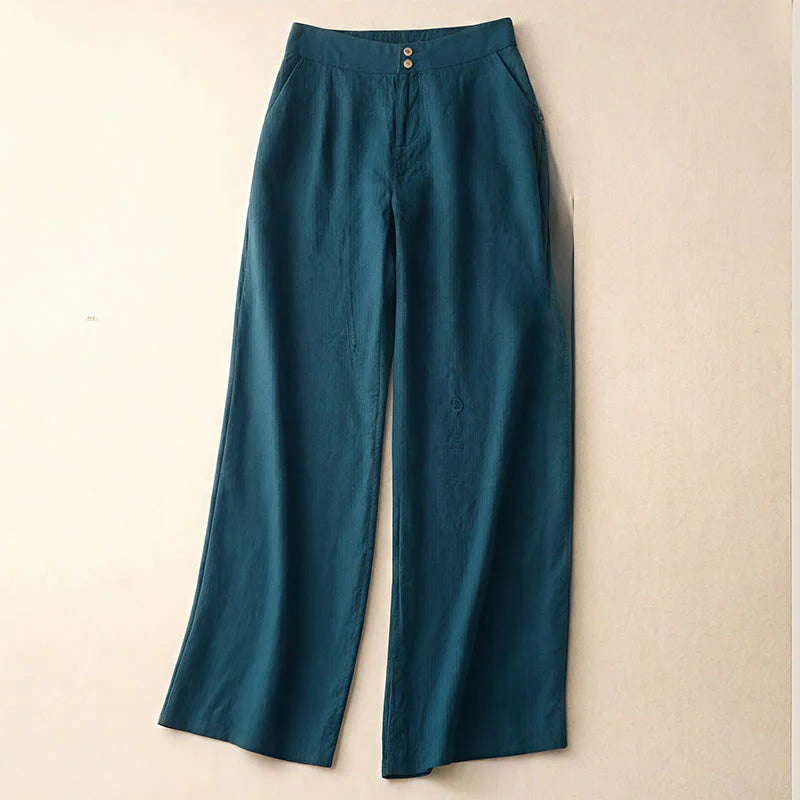Buddha Stones Summer Casual Simple Design Linen Women's Wide Leg Pants With Zipper Pockets
