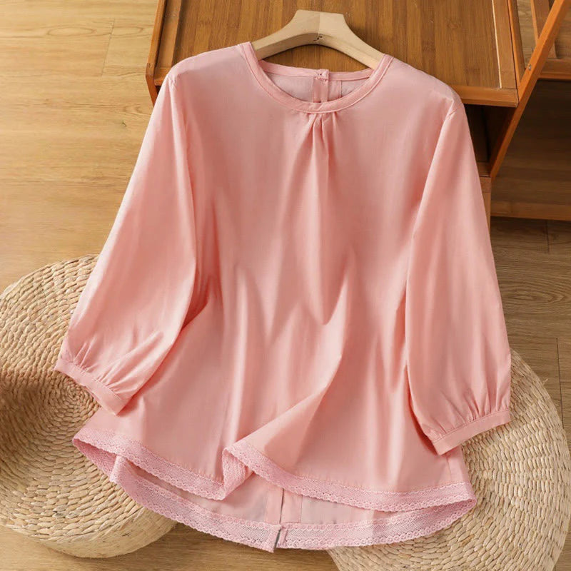 Buddha Stones Plain Lace Hem Single Breasted Button Cotton Linen Three Quarter Sleeve Women's Crew Neck Shirt