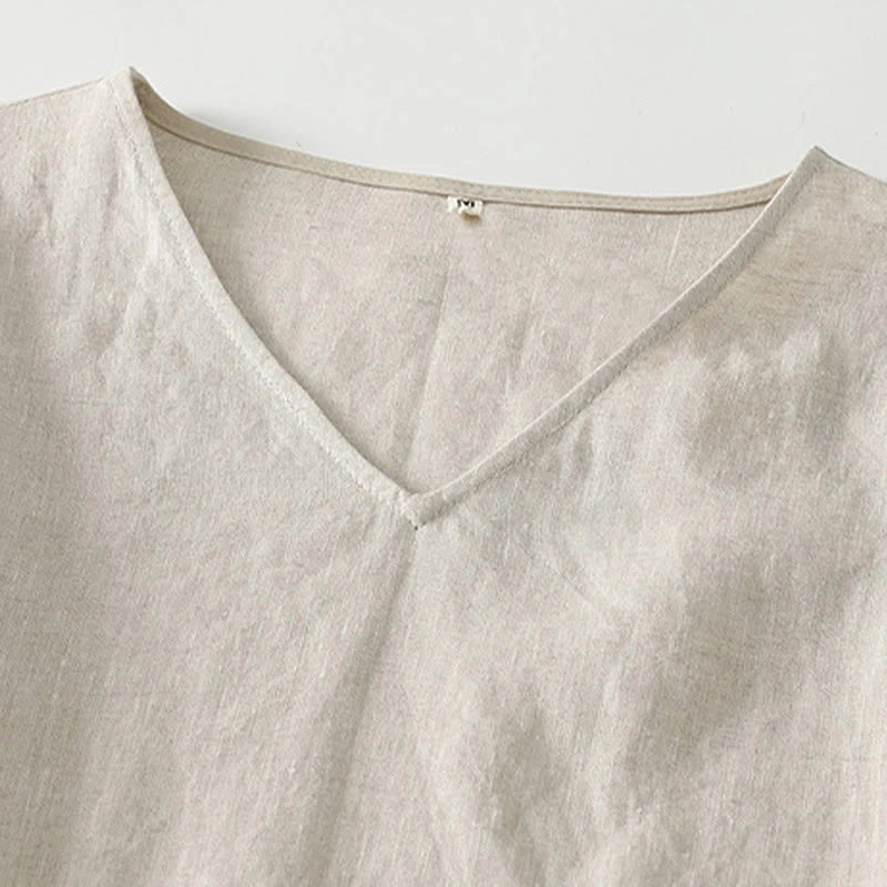 Buddha Stones Summer Casual Plain Design V-Neck Short Sleeve Cotton Linen Midi Dress With Pockets
