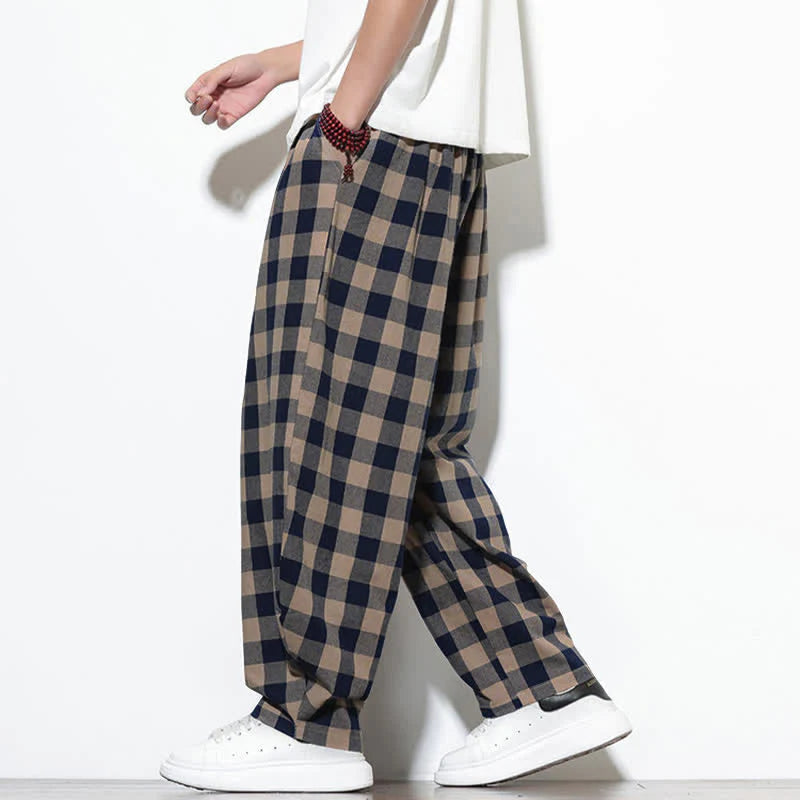 Buddha Stones Summer Plaid Pattern High Waist Drawstring Men's Harem Pants With Pockets