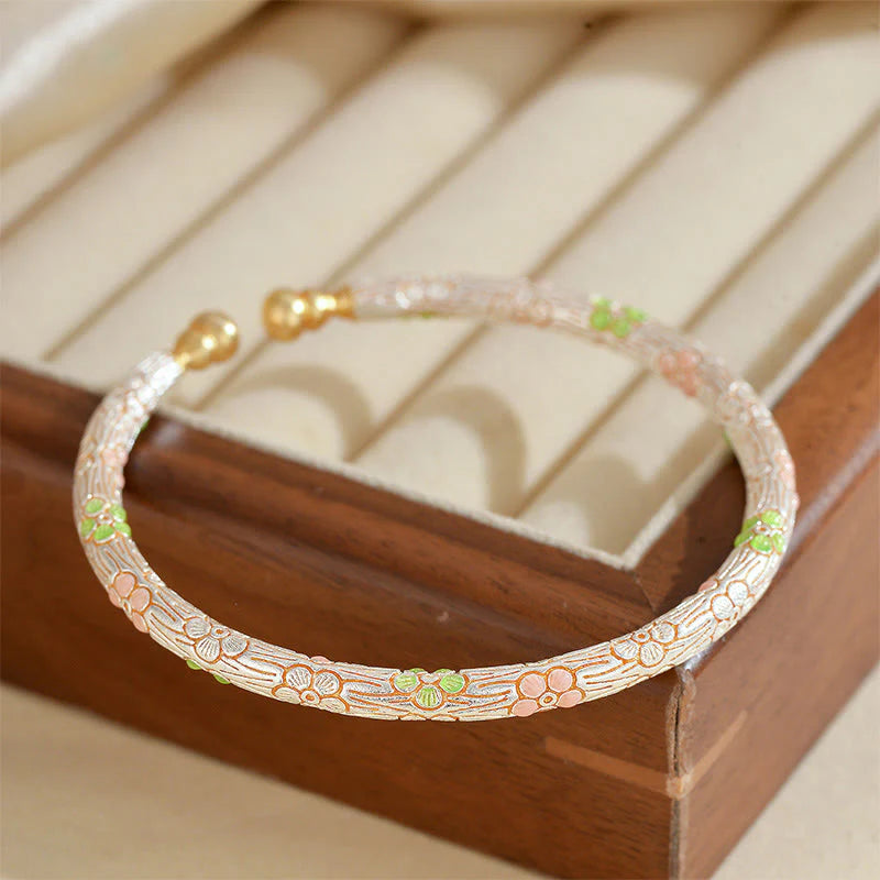 Buddha Stones Copper Handmade Enamel Flower Open Luck Bracelet Bangle
