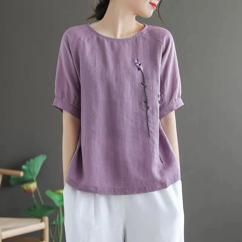 Buddha Stones Summer Vintage Embroidered Flower Pattern Women's Crew Neck Design Cotton Linen T-Shirt