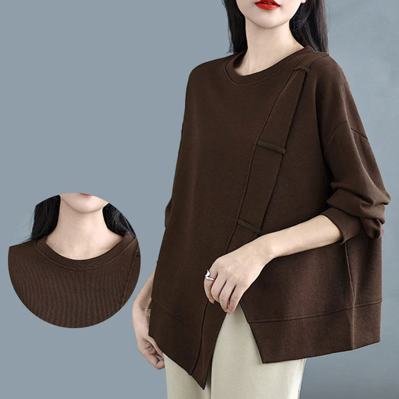 Buddha Stones Fall Solid Color Asymmetrical Design Crew Neck Long Sleeve Women's Cotton Sweatshirt