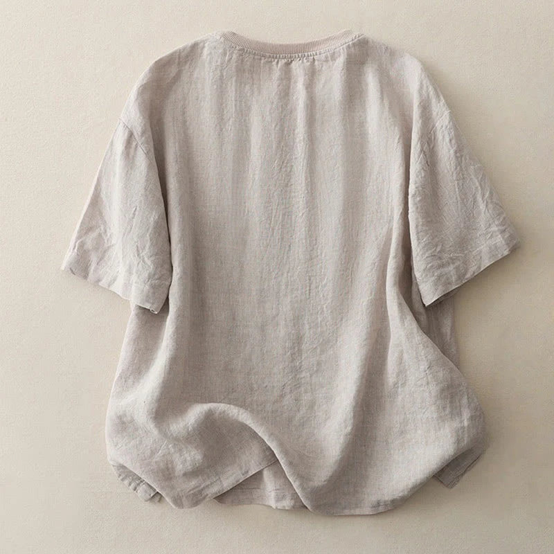 Buddha Stones Plain Threaded Crew Neck Design Women's Polyester Short Sleeves Shirt
