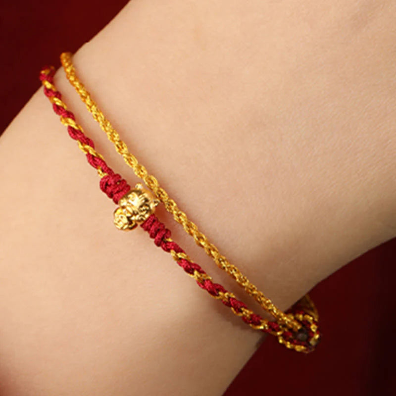 Buddha Stones 999 Gold Beads Year Of The Horse Double Wrap Golden Red String Luck Bracelet