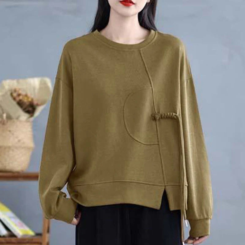 Buddha Stones Plain Frog-button Design Crew Neck Cotton Women's Long Sleeve Sweatshirt