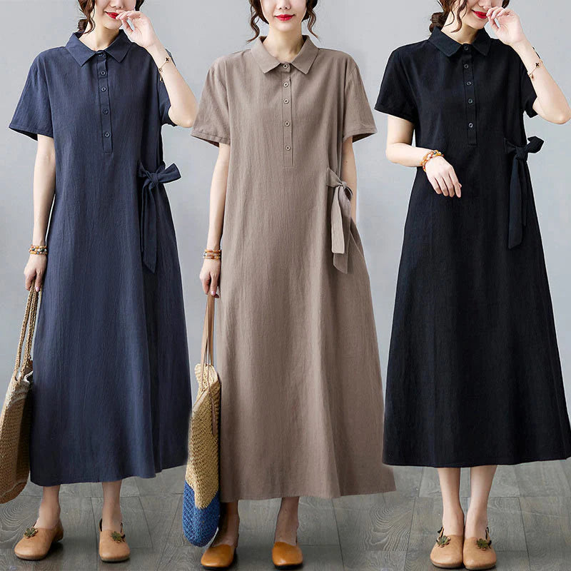 Buddha Stones Casual Plain Side Lace-Up Lapel Short Sleeve Cotton Linen Midi Dress With Pockets