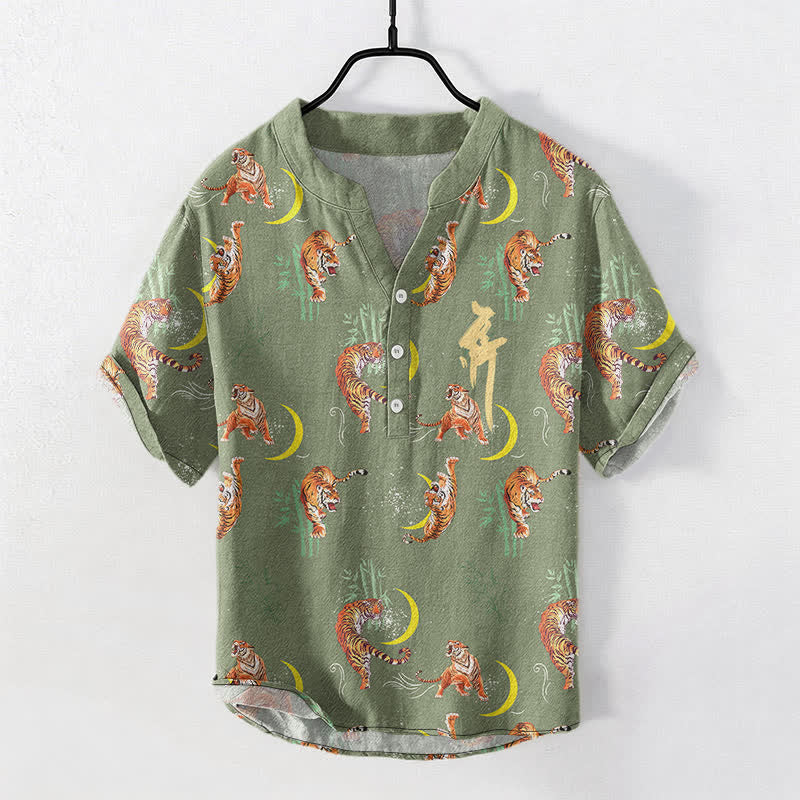 Buddha Stones Tiger Moon Bamboo Men's Short Sleeve Resort Shirt