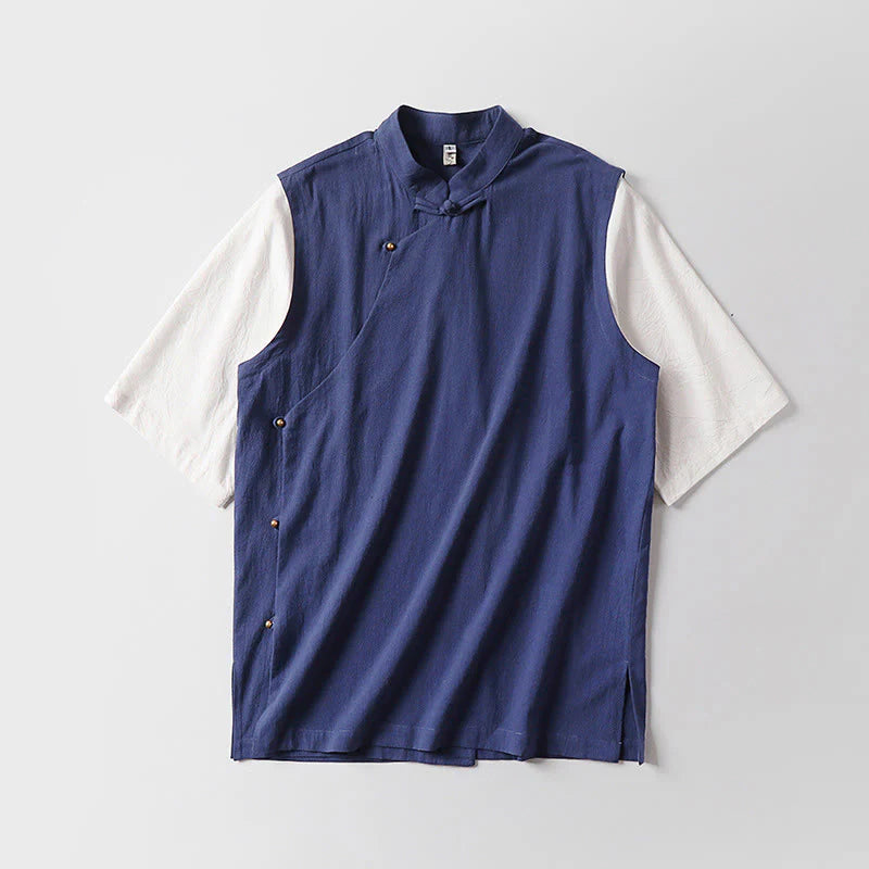 Buddha Stones Summer 2 In 1 Stripes Stand Collar Short Sleeve Frog-Button Men's Cotton Shirt