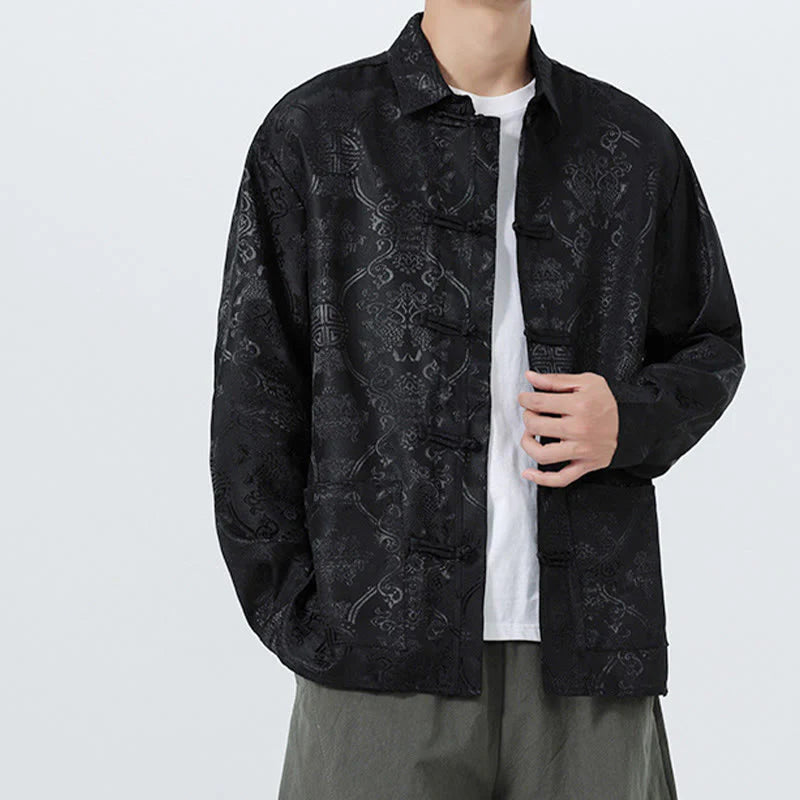 Buddha Stones Spring Jacquard Lapel Long Sleeve Men's Tang Suit Frog-Button Jacket With Pockets