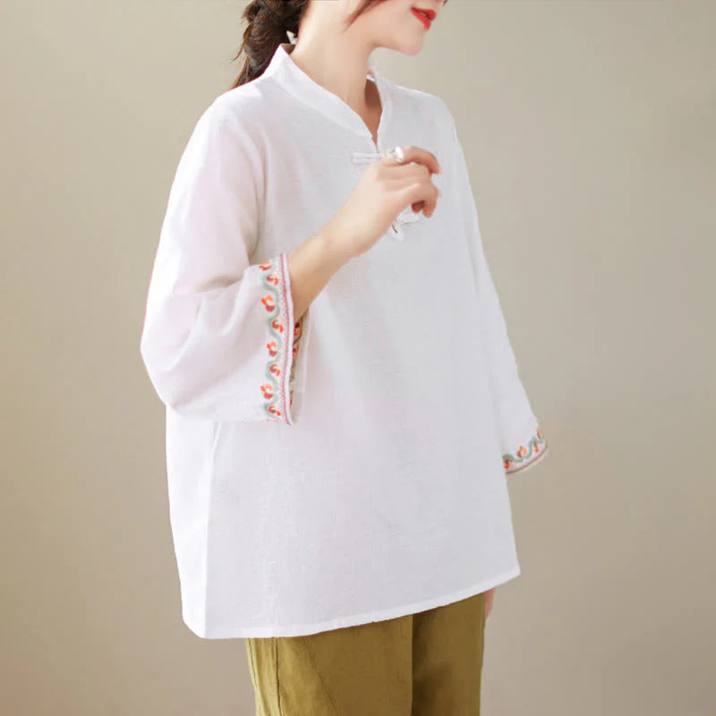 Buddha Stones Jacquard Frog-button Stand Collar Embroidered Three Quarter Sleeve Design Women's Cotton Shirt