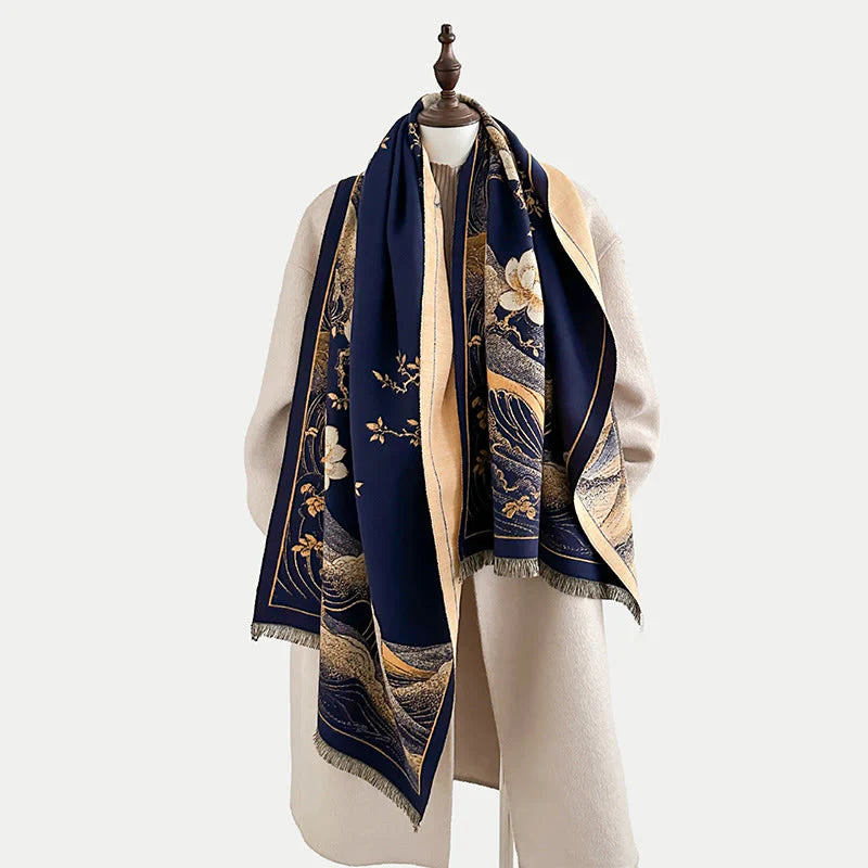 Buddha Stones Fall Lotus Flowers Ocean Waves Pattern Soft Scarf Tassel Shawl