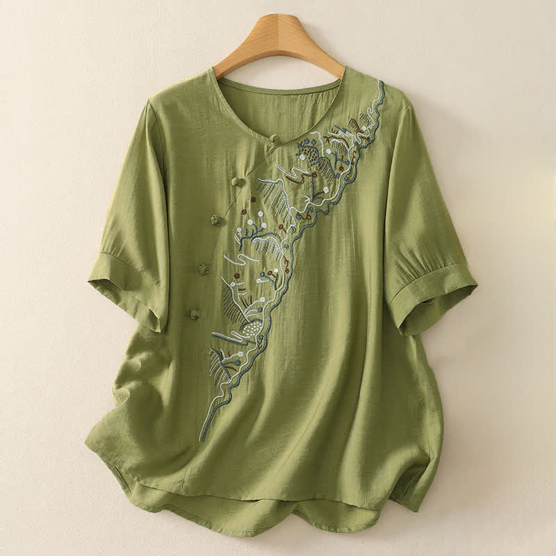 Buddha Stones Summer Mountain Embroidered Crew Neck Women's Short Sleeve Shirt