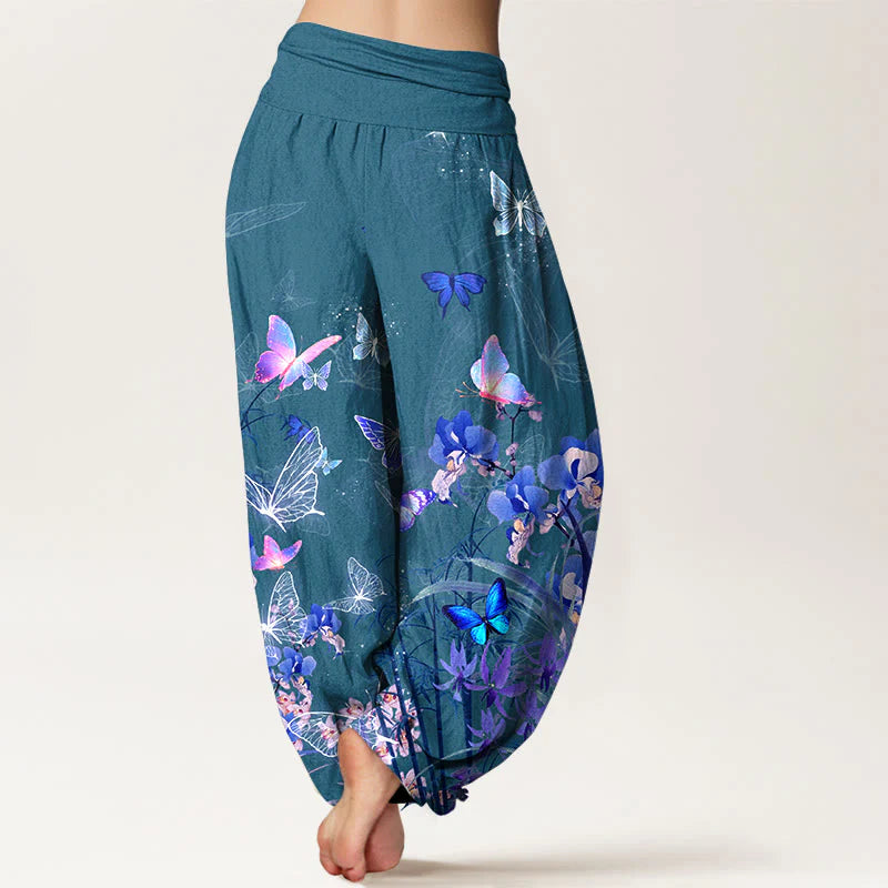 Buddha Stones Pure Cotton Dreamlike Butterfly Flower Grass Bamboo Pattern Women's Elastic Waist Harem Pants