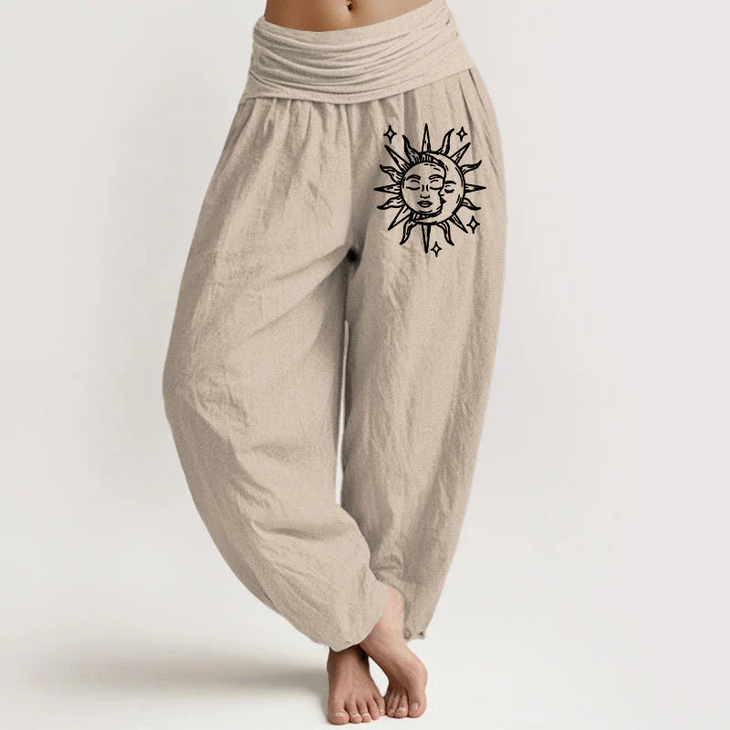 Buddha Stones Sun Moon Pattern Women's Elastic Waist Harem Pure Cotton Pants