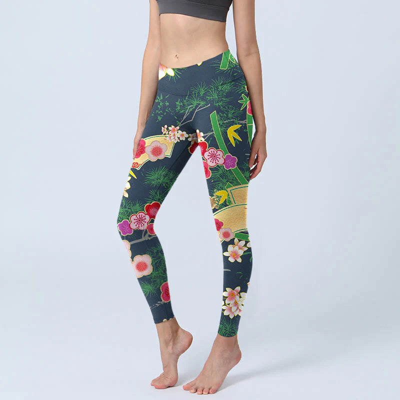 Buddha Stones Cherry Blossoms Bamboo Pine Tree Print Gym Leggings Women's Yoga Pants