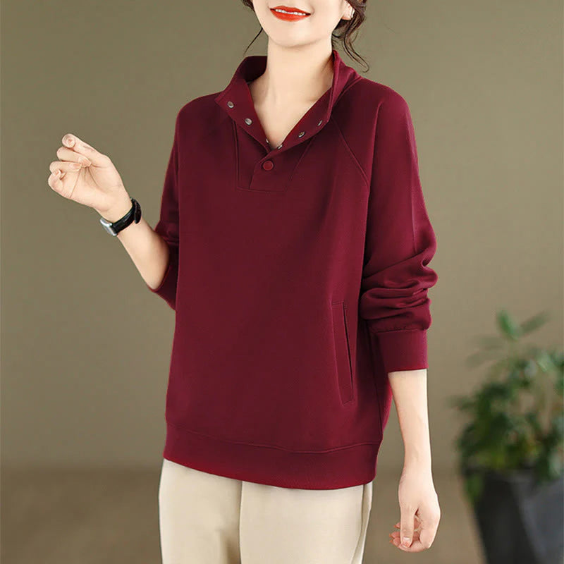 Buddha Stones Fall Solid Stand Collar Buttons Design Long Sleeve Women's Cotton Sweatshirt